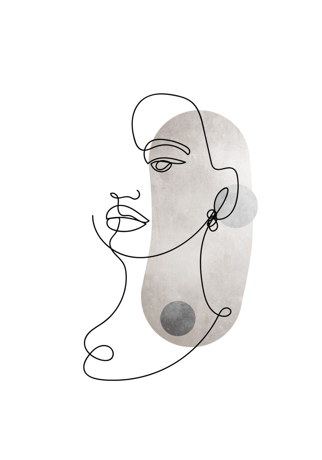 Minimalist abstract line drawing of a woman’s face in black continuous lines over soft beige and gray textured shapes on a light gray background