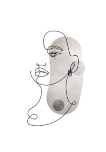 Minimalist abstract line drawing of a woman’s face in black continuous lines over soft beige and gray textured shapes on a light gray background