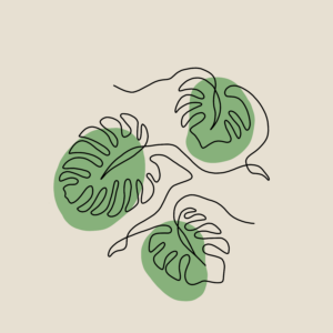Minimalist monstera leaf line art illustration with abstract green shapes and modern botanical design on a beige background.
