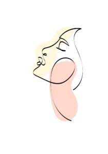 Abstract outline drawing of a woman with her chin up. Pink and beige tones of woman's face with her eyes closed