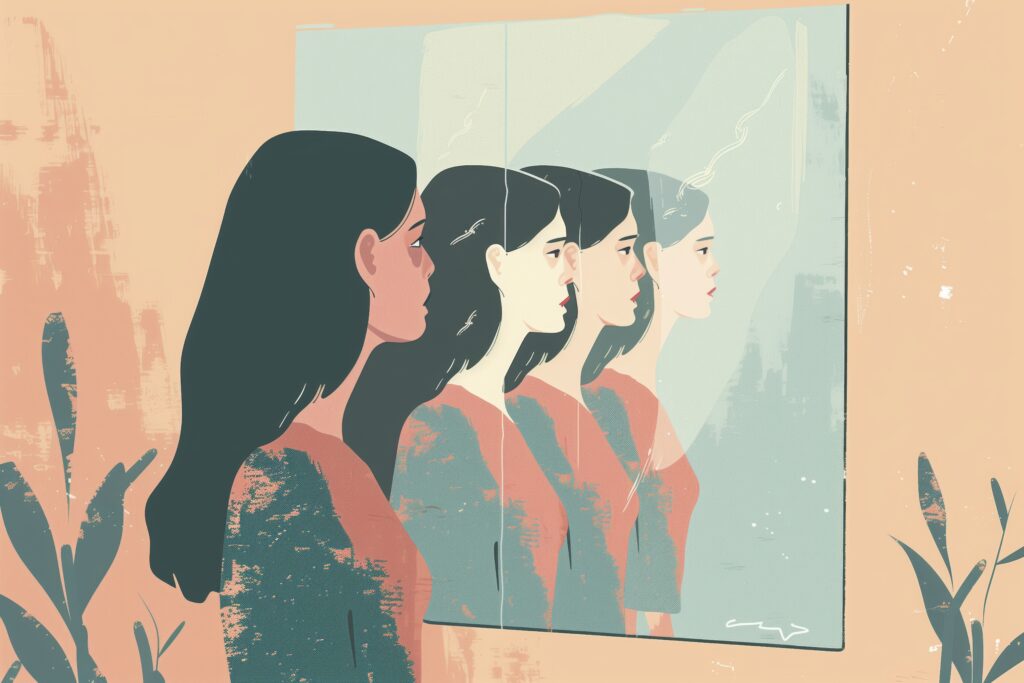 Woman looking at her reflection in a mirror showing multiple versions of herself, representing finding yourself after motherhood and self-rediscovery