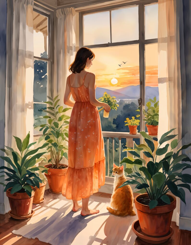 watercolor illustration single mom journey back to myself looking out window at sunset