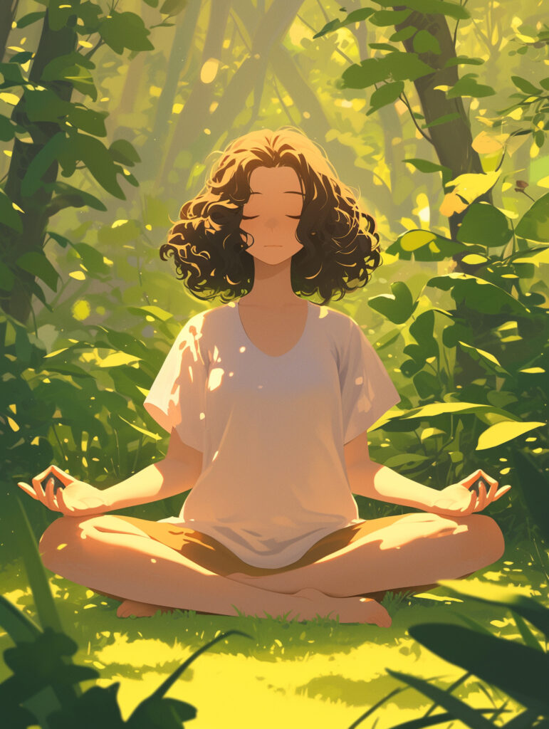 illustrated woman meditating in golden forest light midlife awakening at 40