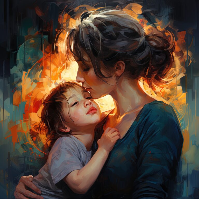“What is matrescence? A tender illustration of a mother embracing and kissing her sleeping child.”