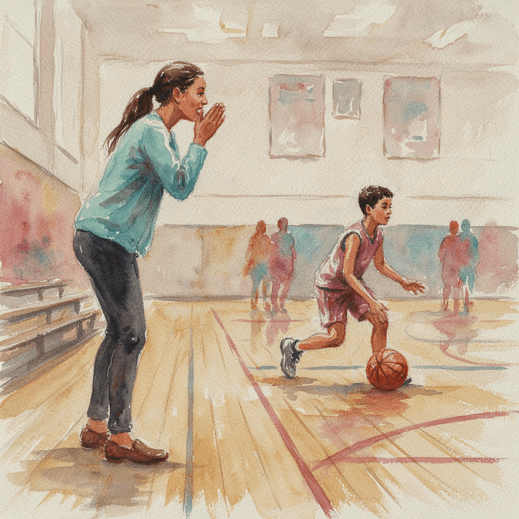 Watercolor-style illustration of what I learned watching my boys lose a basketball game in a school gym. A female coach in a teal jacket watches and gestures from the sideline as a young player in a maroon uniform dribbles a basketball across the court. Several other players are visible in the background, with gym bleachers, wall posters, and court markings completing the scene.