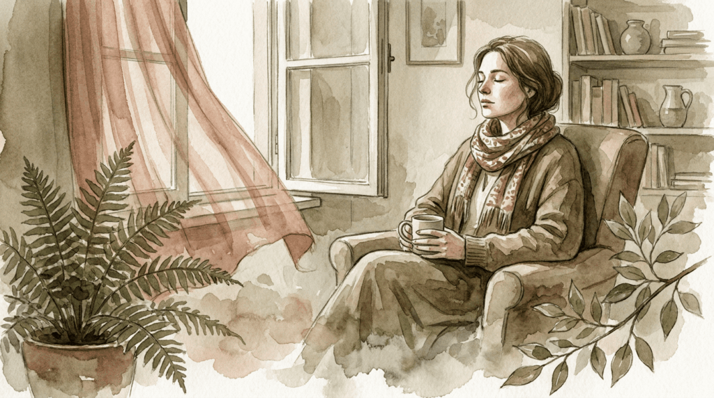 The Unglamorous Truth About Self Care When You Carry Everything. Watercolor image of a cultured looking woman resting or a quiet domestic moment