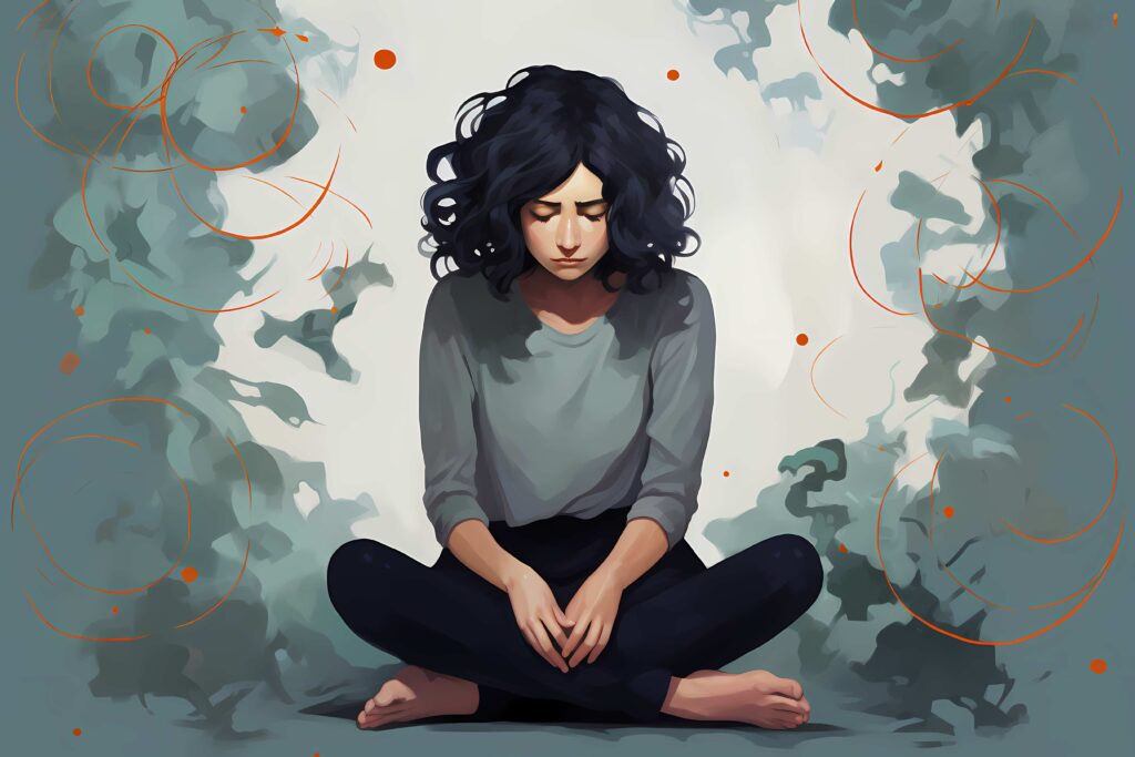 illustration of a woman sitting cross-legged with the swirling abstract elements around her.